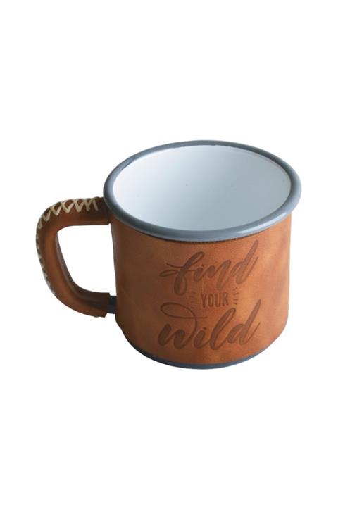 CAMPOUT Deri Kaplı Emaye Kupa Gri