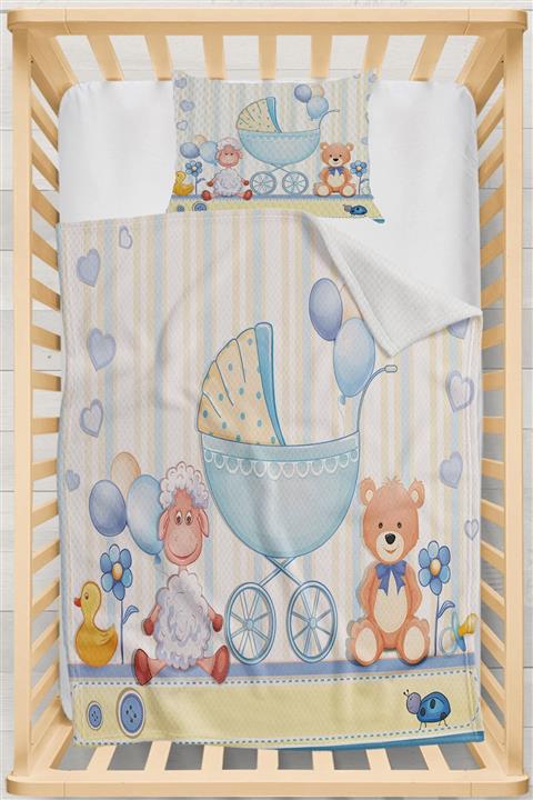 Osso Halı Osso Pembe Beşik Ayıcık Kuzulu Desenli Yatak Örtüsü Yastıklı Bebek Pike Takımı