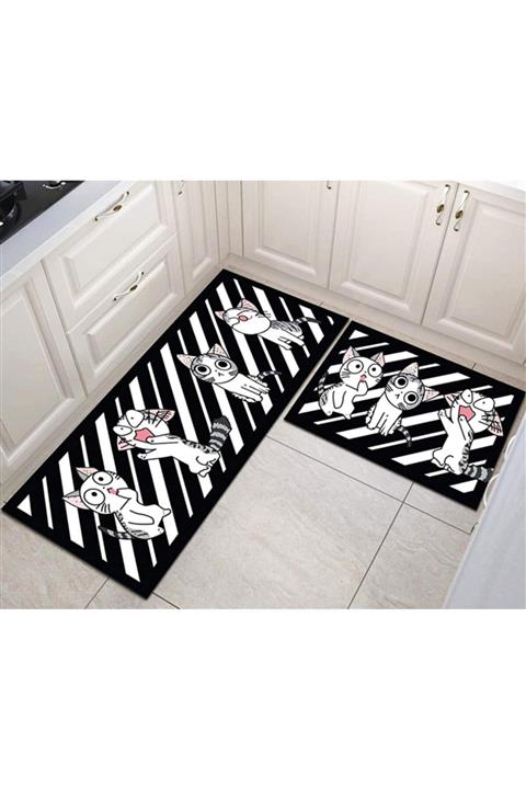 Hayveyshome Siyah Beyaz Sevimli Kediler Dekoratif Mutfak Halısı