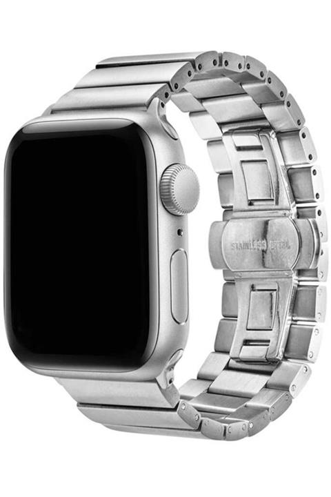 Apple Watch 1 2 3 4 5 6 Se 44 Mm Metal Kaplamalı Kordon Kayış Gümüş + Popsocket