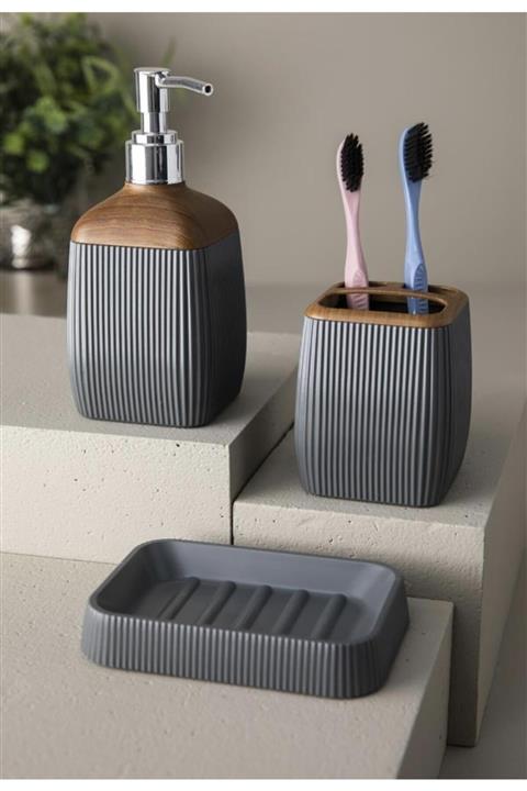 Okyanus Home Gri Ahşap Desenli Çizgili Banyo Seti  3'lü