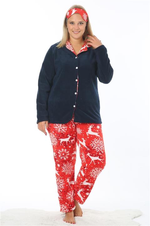 Ladies First Büyük Beden 8109 Kırmızı Pijama Takım Desenli Likralı Polar Kumaştan Uzun Kollu