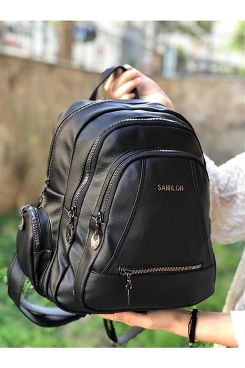 Smurne Kadın Siyah Yıkama Deri Sırt Çantası