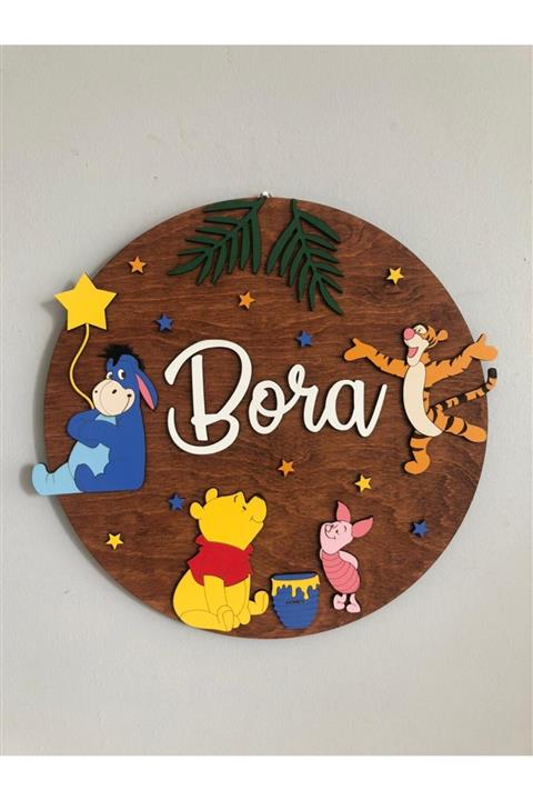 Selçukum Design Winnie The Pooh Temalı Daire Işıklı Ahşap Bebek Kapı Süsü