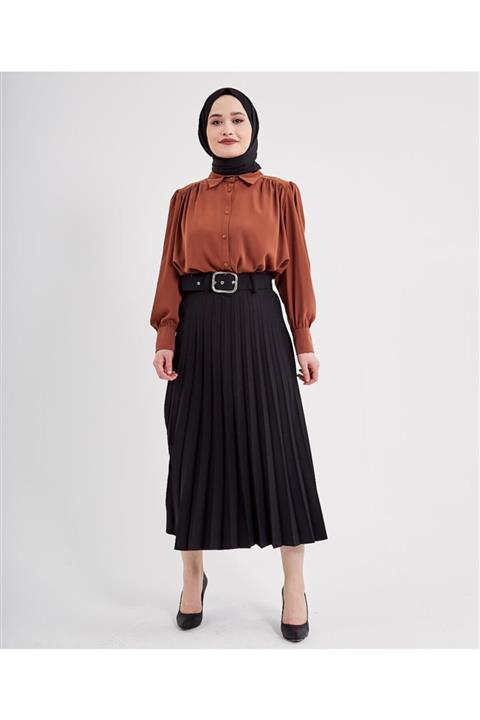 Şule Giyim Pileli Gümüş Toka Kemerli Etek