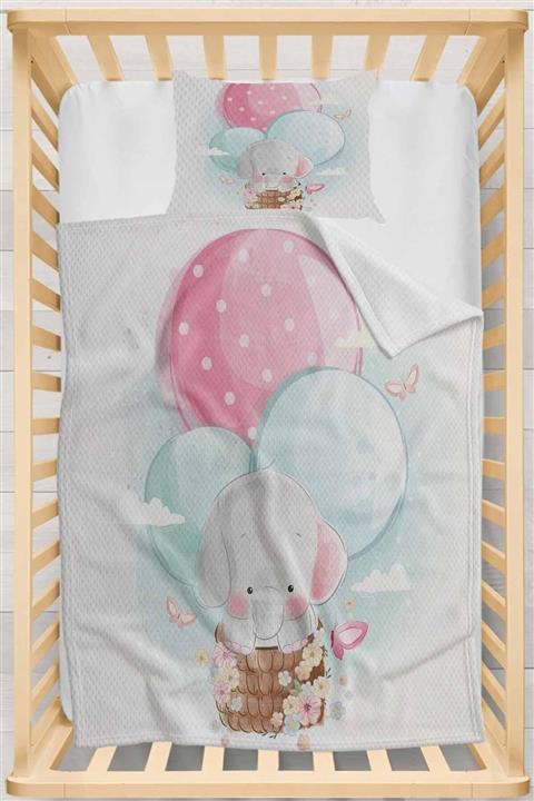 Osso Halı Osso Pembe Mavi Balonlu Fil Desenli Yatak Örtüsü Yastıklı Bebek Pike Takımı