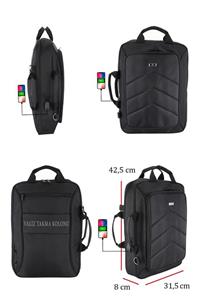 Case Club Unisex Siyah Laptop Bölmeli 15,6'' Usb Aparatlı Fonksiyonel Sırt El ve Omuz Çantası