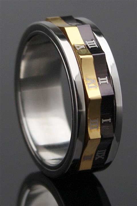 Gümüşbox Roma Rakamlı Gold Black Çelik Alyans