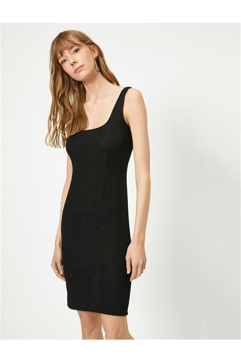 Koton Kadın Yirtmaçli Elbise Abiye Midi Boy Kalin Askili Kamisol Simli Yuvarlak Yaka