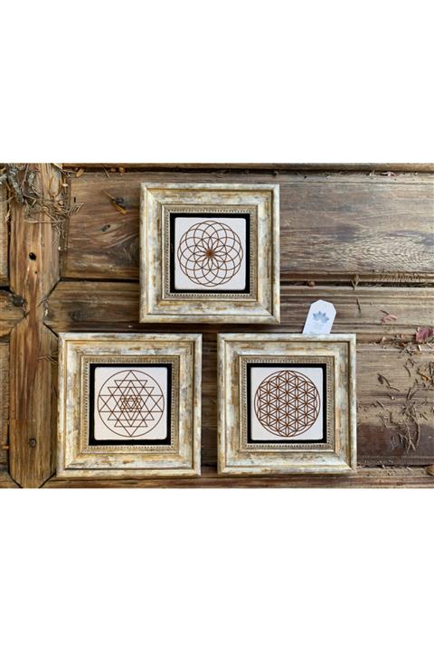 Oscar Stone Decor Çerçeveli Taş Tablo 20x20 Cm 3 Lü Set Yaşam Çiçeği Sri Yantre Torus