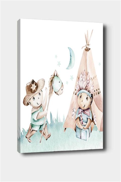 Else Halı Else Kovboylar Kızılderili Çocuklar Desenli Dekoratif Çocuk Bebek Odası Kanvas Tablo 50x70 Cm