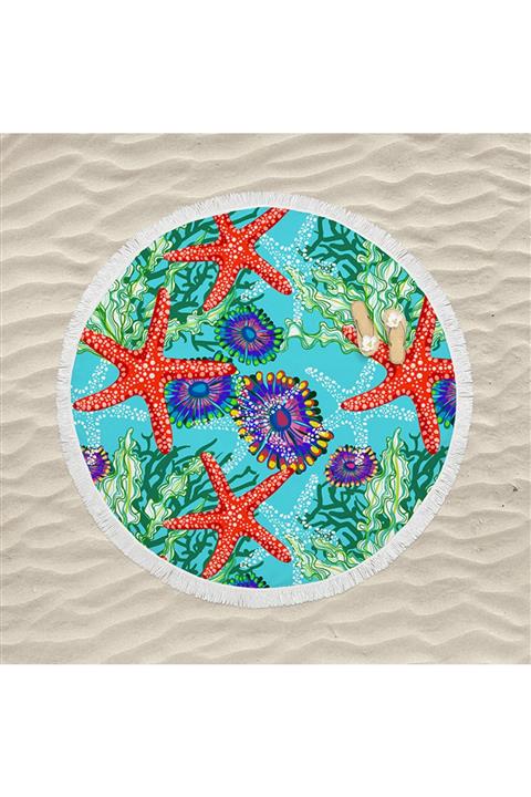 DECOSEW Deniz Yıldızı Figürlü Özel Tasarım Püsküllü Yuvarlak Plaj Havlusu