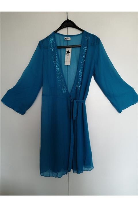 Butik Tülin Otantik Krep Şifon Turkuaz Pul Nakışlı Deniz Elbisesi
