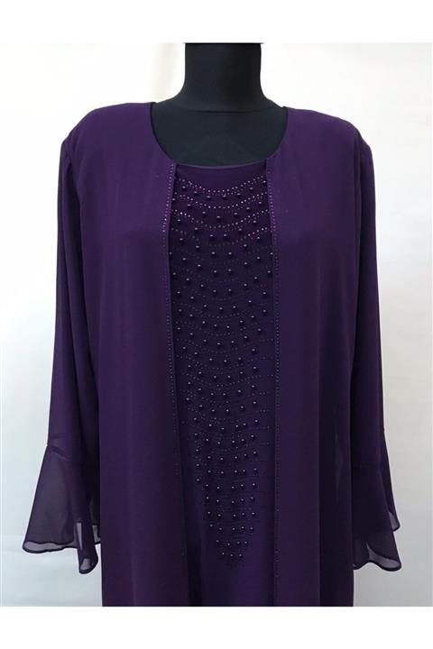 SAMARA Kadın Mor Büyük Beden Taş Işlemeli Anne Abiye Elbise