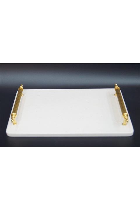 BHRHOME Gold Saplı Beyaz Mermer Tepsi