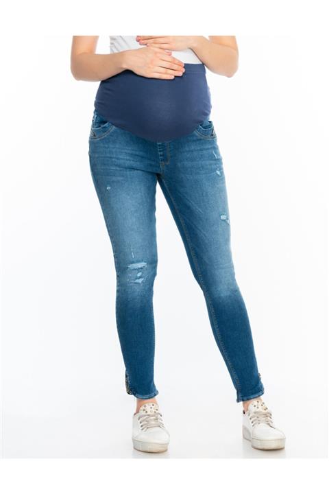 BUSA Hamile Kot Pantolon Dar Paça Yırtık Modelli Mavi