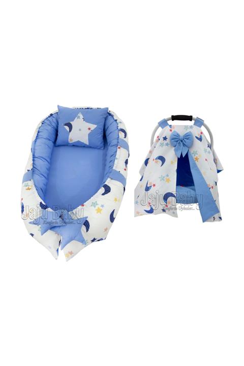 Jaju Baby Ay Desenli Mavi Kombin Babynest Ve Puset Örtüsü 4 Parça Set