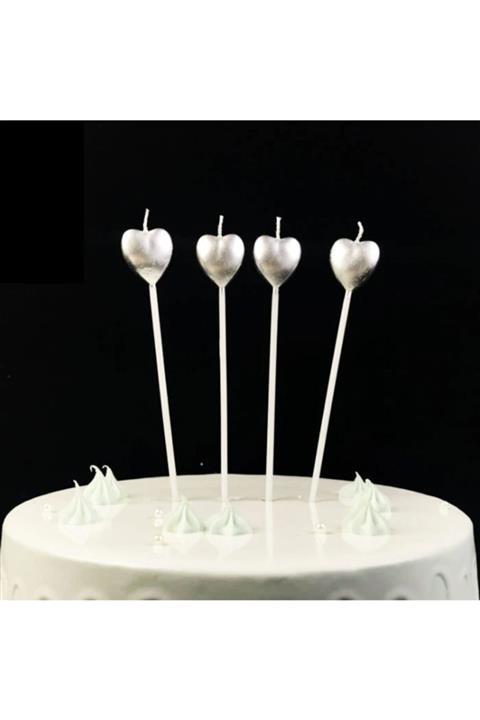 SadeM Parti Çubuklu Metalize Kalp Mum Doğum Günü Mumu Gümüş