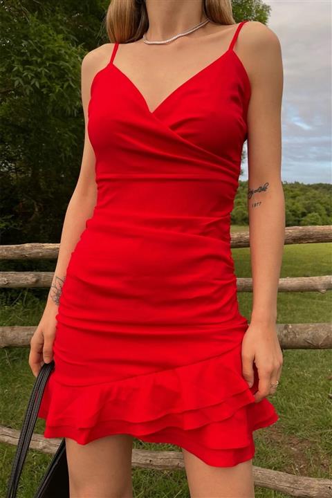 lovebox Moss Krep Kumaş İnce Askılı Kruvaze Yaka Kırmızı Kısa Abiye Elbise Sd-005