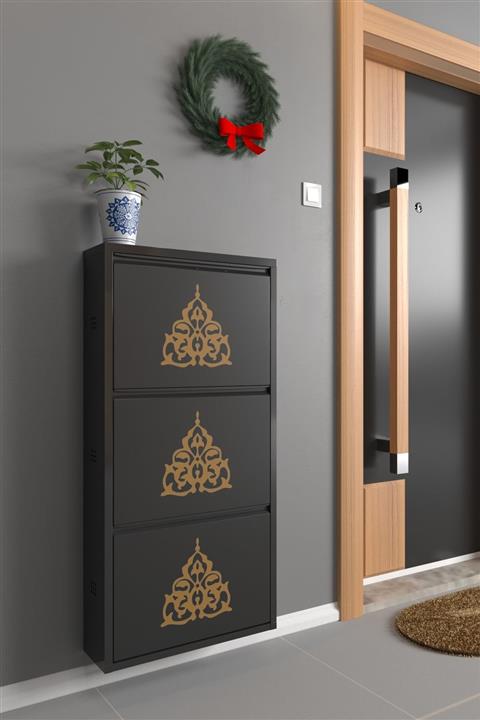 Pappuchbox 3'lü Metal Ayakkabılık Siyah Gold Desenli Antibakteriyel Hava Kanallı