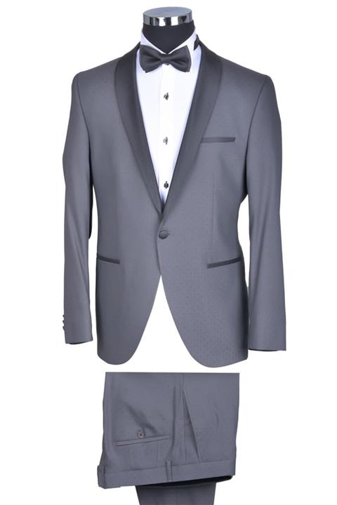 BAGGI Slim Fit Desenli Papyon Kuşaklı Smokin Füme