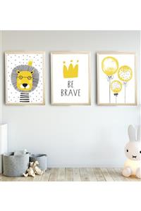 SUNNYFUNNYKIDS Bebek Çocuk Odası Tablo Aslan 3'lü Naturel Renk Doğal Ahşap Çerçeveli Set 30x40 Cm