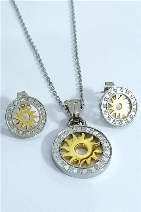 Yoro Çelik Beyaz Zirkon Taşlı Sarı Güneş Set