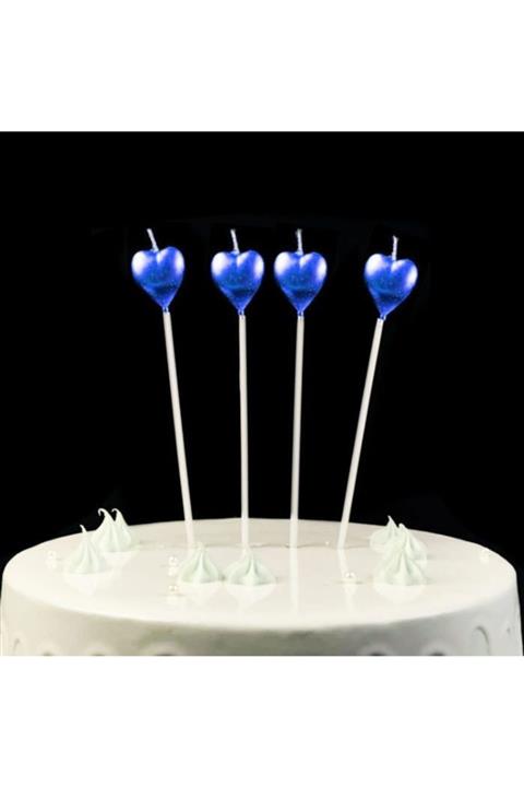 giyinbizden Parti Çubuklu Metalize Kalp Mum Doğum Günü Mumu Mavi 4 Adet