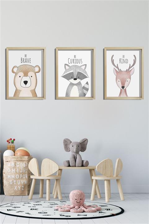 Canvartie Doğal Ahşap Çerçeveli Bebek Ve Çocuk Odası Duvar Tablosu Ayı - Rakun - Geyik