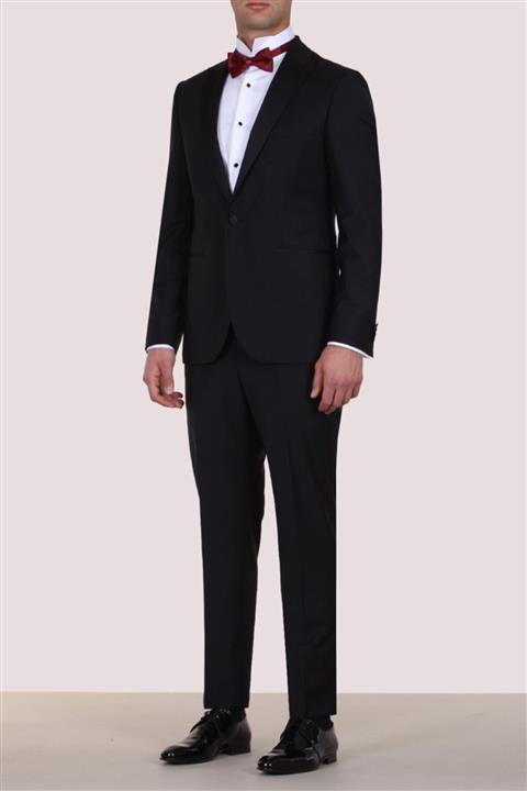 Kip Erkek Siyah Slim Fit Pilesiz Kruvaze Yaka Smokin Takım Elbise