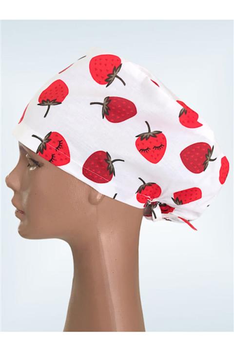 Albayrak Çilek Desenli Cerrahi Bone Pamuklu Kumaş Lastikli Ve Bagcıklıdır