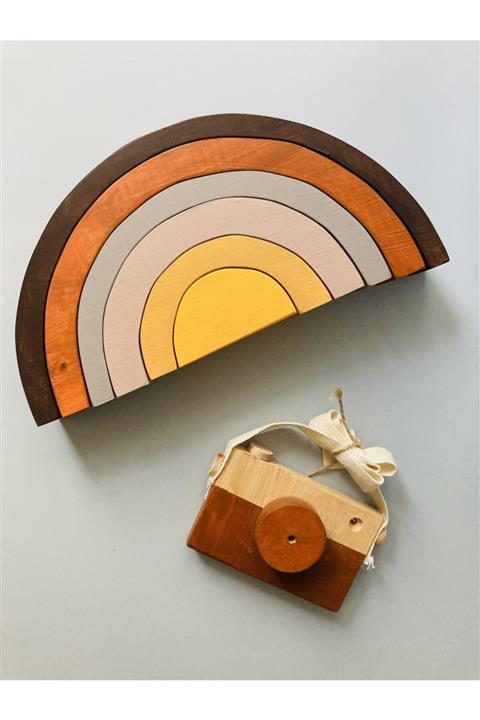 duruwoods Sonbahar Waldorf Gökkuşağı Blokları - Ahşap Oyuncak Ve Koyu Klasik Meşe Ahşap Fotoğraf Makinesi