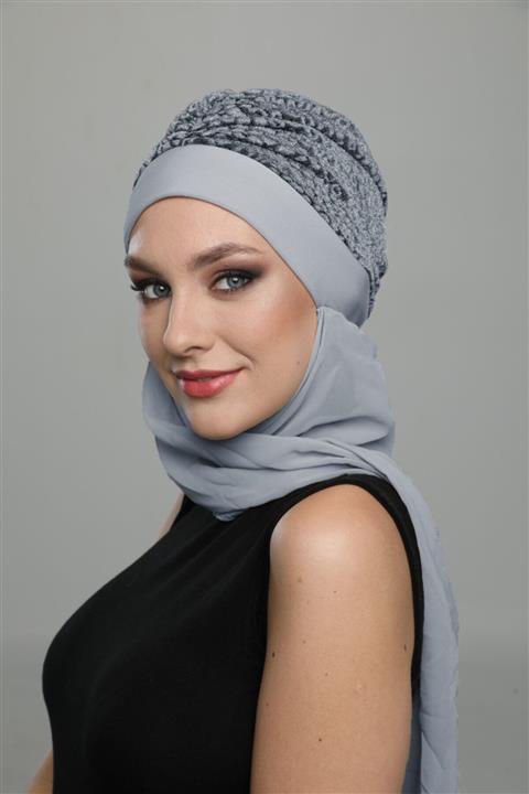 fidan bone Brokar Atkılı Gri Hazır Türban Tesettür Bone