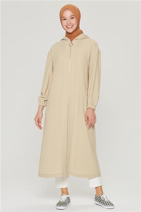 Armine Kadın Bej Kapşonlu Önü Cepli Pardesü 21y8445.