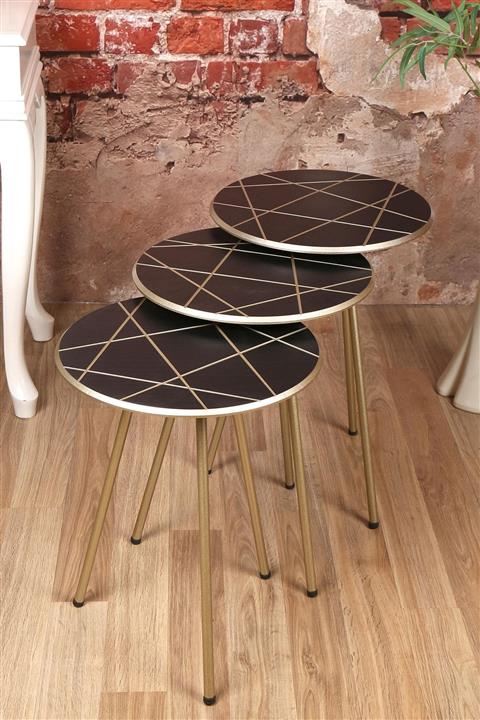 MAVİBULUT MOBİLYA Polen Üçlü Zigon Sehpa R-07-siyah Inci - Altın Sarısı Metal Ayak