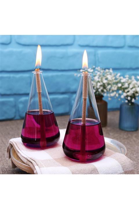 TarzzHome Konik Cam Kandil 2li + Kandil Yağı Mürdüm