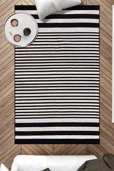 Caretta Home Siyah Beyaz Çizgili Çift Taraflı Dokuma Kilim