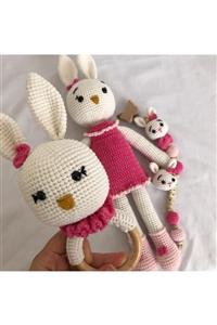 USTAHOBİEVİ Pembe Tavşan Amigurumi Oyuncak Seti 4 Parça