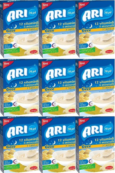 Arı Mama Arı 12 Vitaminli 6 Minarelli. Sütlü 7 Tahıllı Pirinç Unu Gece 250 G X 9 Adet