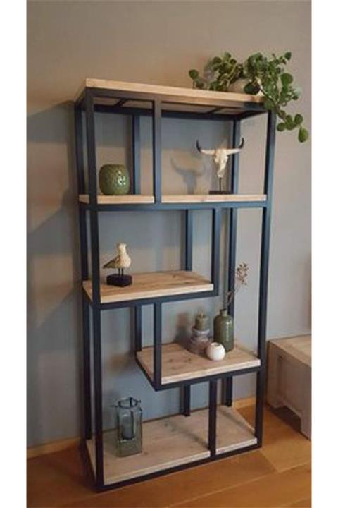 ERDEM METAL DİZAYN Dekoratif Diktörgen Çiçeklik Ahşap Metal Raf 4 Katlı Kitaplık