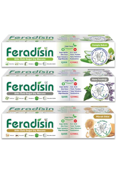 FERADİSİN Süper 3'lü Paket Komple BakımNane Ferahlığı Misvak Etkisi Bitkisel Diş Macunu 3 X 75 ml 90 gr