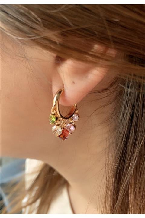 SİSTORİZE Renkli Zirkon Taşlı Shakira Model Küpe Gold