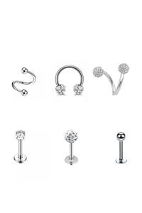 Jaida Moda Gümüş Cerrahi Çelik Tragus Helix 6'lı Set Piercing