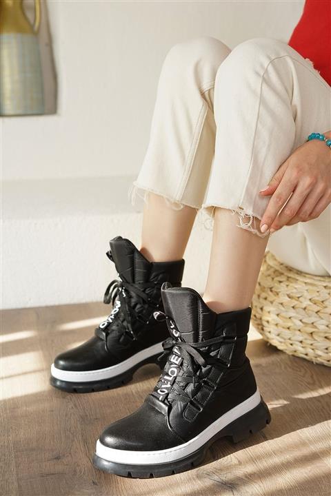 Papuçlarım Nora Siyah Mat Deri Su Geçirmez Kadın Kar Botu