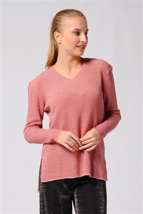 Nefise Kadın Pudra Simli Yırtmaçlı V Yaka Kazak