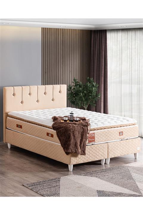 Cesur Baza , Lale Çift Kişilik Baza Başlık Premium Pedli Yatak Seti - Krem