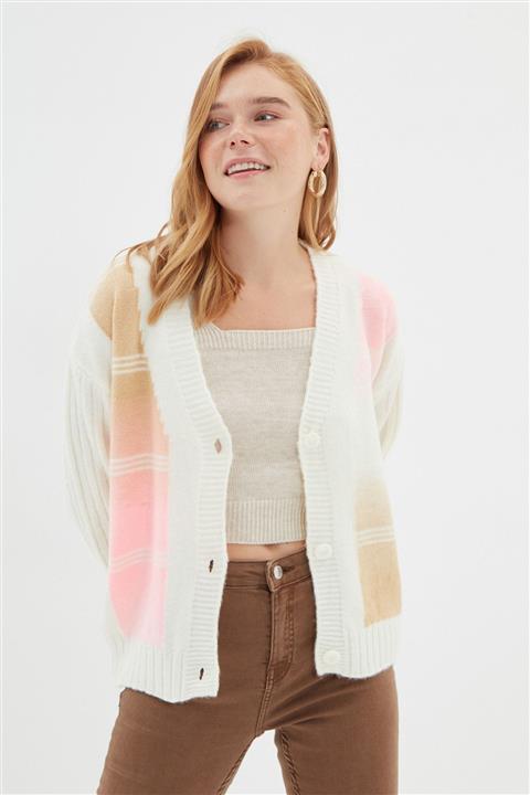 TRENDYOLMİLLA Ekru Renk Bloklu Triko Hırka TWOAW22HI0631