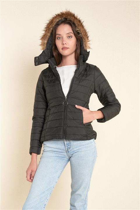 Giens Kadın Siyah Kapşonlu Şişme Mont