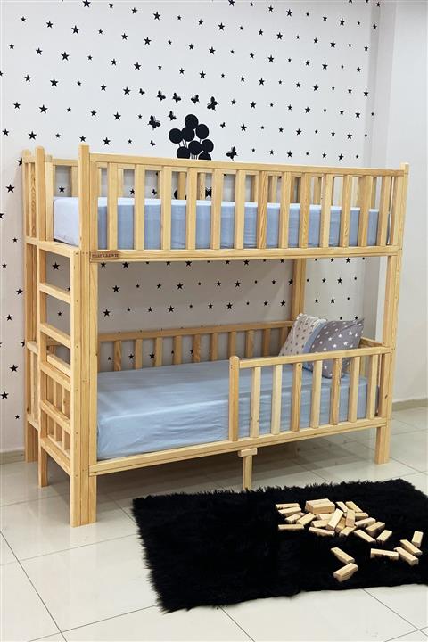 Bayev Montessori Yatak Doğal Çam Karyola Merdivenli Ranza