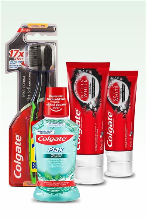 Colgate Optic White Aktif Kömür 50 Ml X 2 + Mikro (1+1) Ince Diş Fırçası +plax Ağız Bakım Suyu 250ml